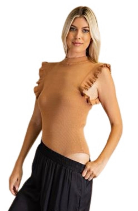 Apparel- Glam Bodysuit with Wide Ruffled Sleeve Camel