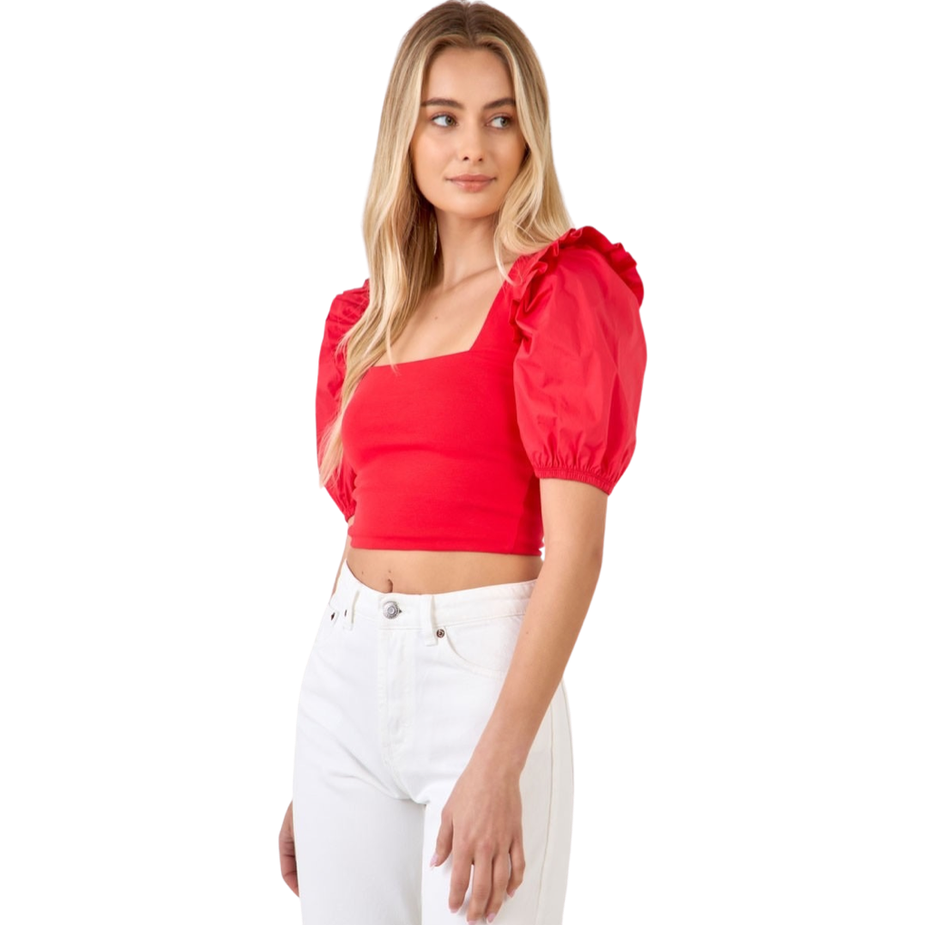 Apparel- English Factory Mixed Media Puff Sleeve Knit Top