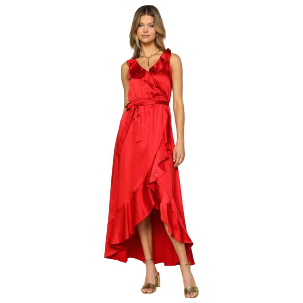 Apparel- Skies Are Blue Satin Ruffle Maxi Dress Red