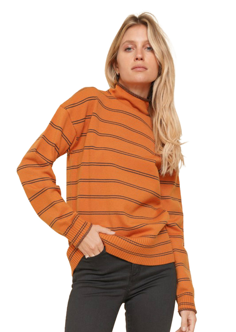 Apparel- Hem and Thread Burnt Orange Turtleneck Sweater with Blue Stripes