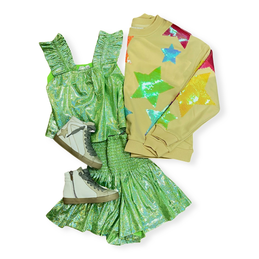 Girls- Queen of Sparkles Key Lime Green Pleat Swing Shorts
