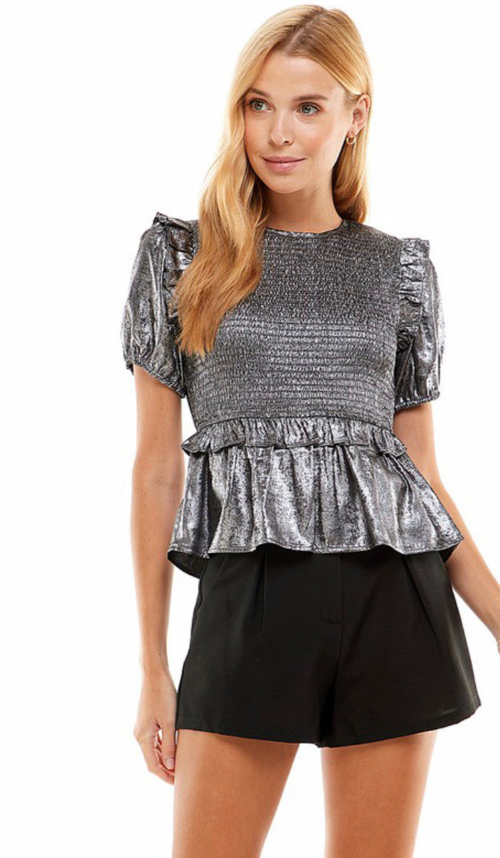 Apparel- TCEC Shiny Smocked Puff Sleeve Top Silver