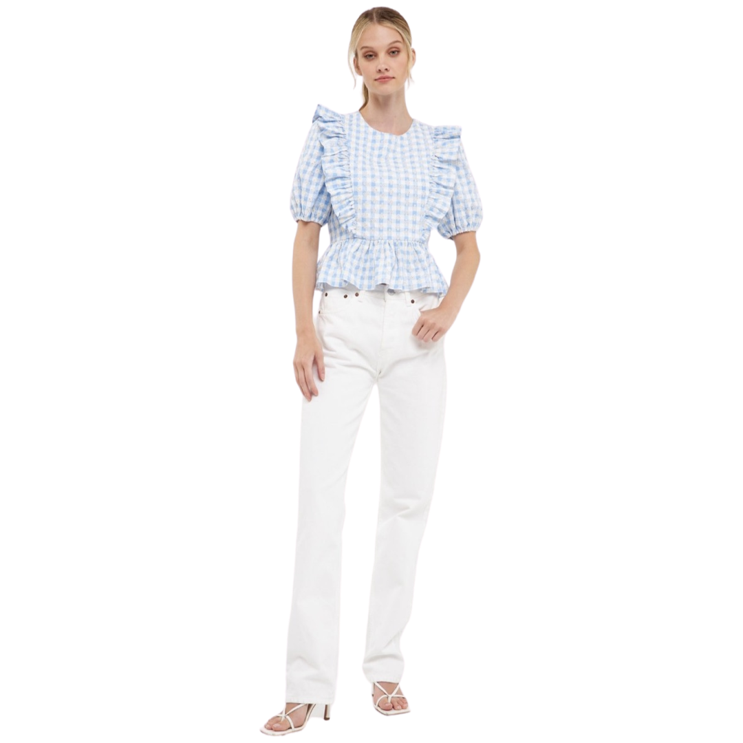 Apparel- English Factory Embroidered Gingham Checked Ruffle Top in Blue