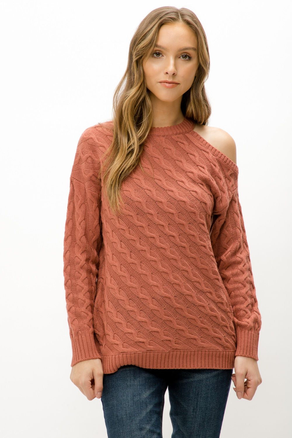 Apparel- Mystree Bias Cable Knit Sweater Dusty Rose