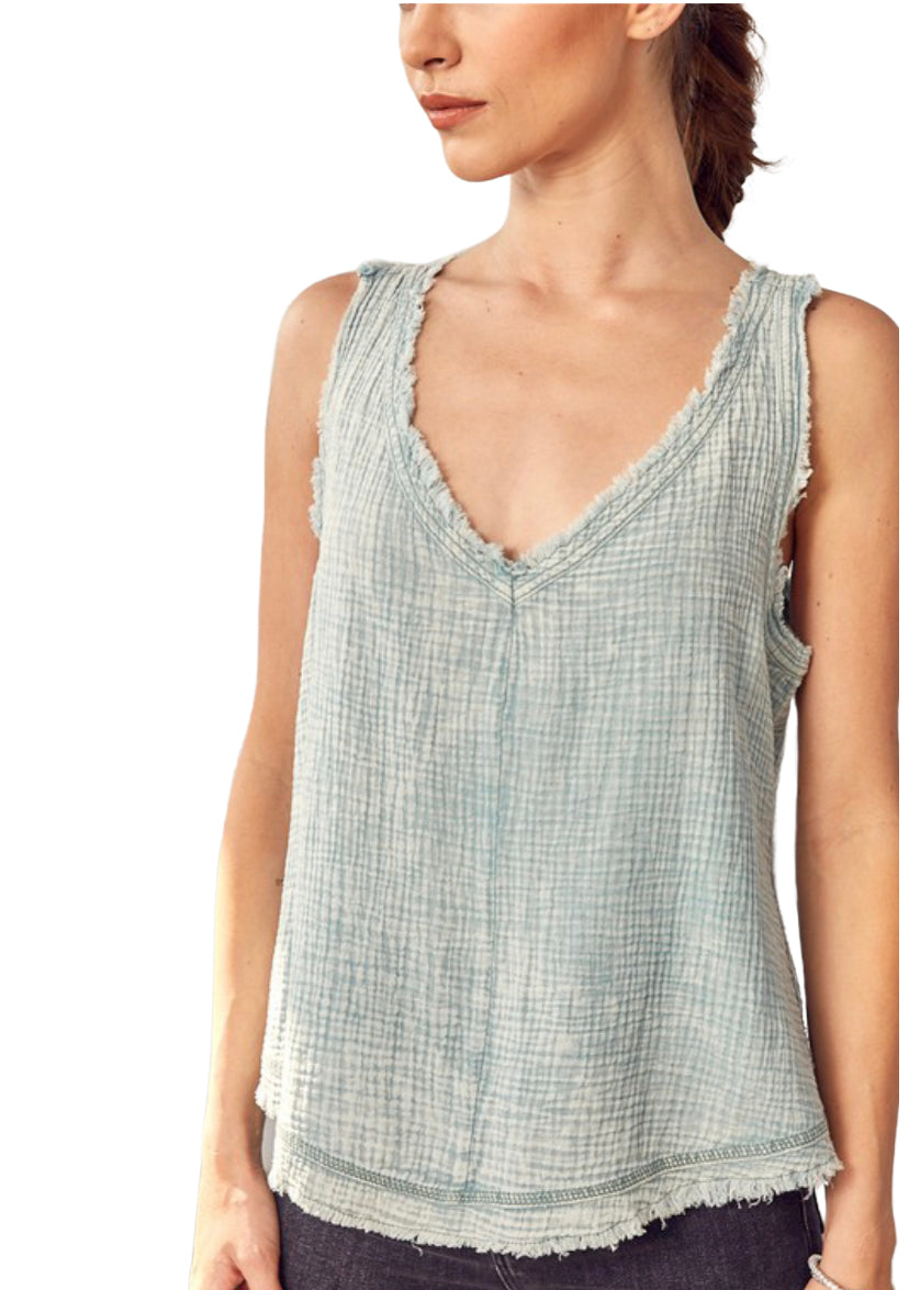 Apparel- Mustard Seed Sleeveless V Neck Waffle Weave Top Icy Blue