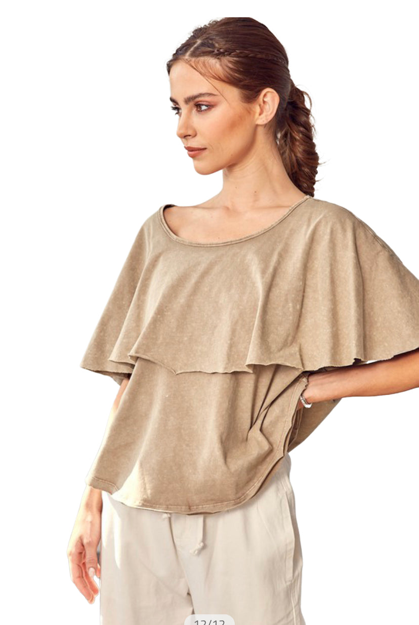 Apparel- Mustard Seed Oversized Ruffle Top Taupe