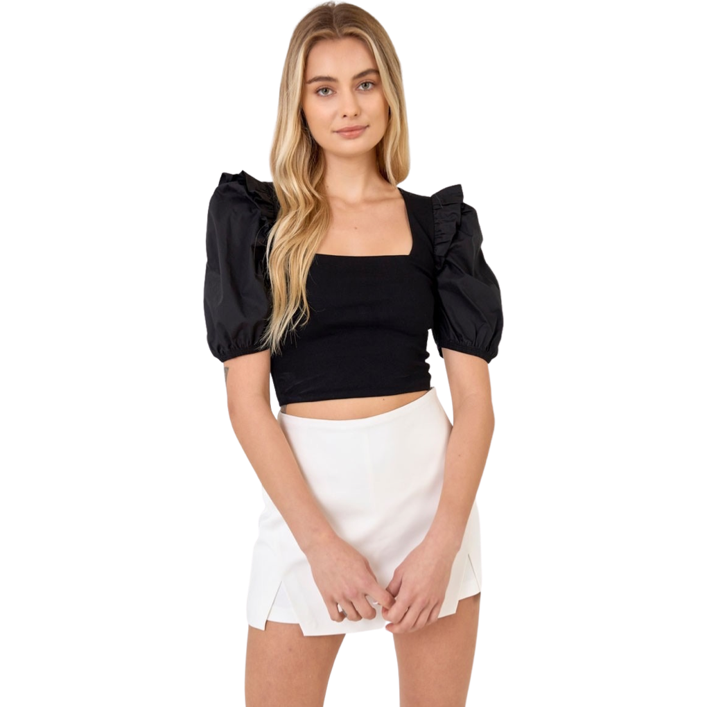 Apparel- English Factory Mixed Media Puff Sleeve Knit Top