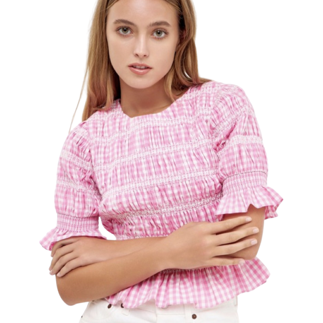 Apparel- English Factory Gingham Smocked Puffed Sleeve Top