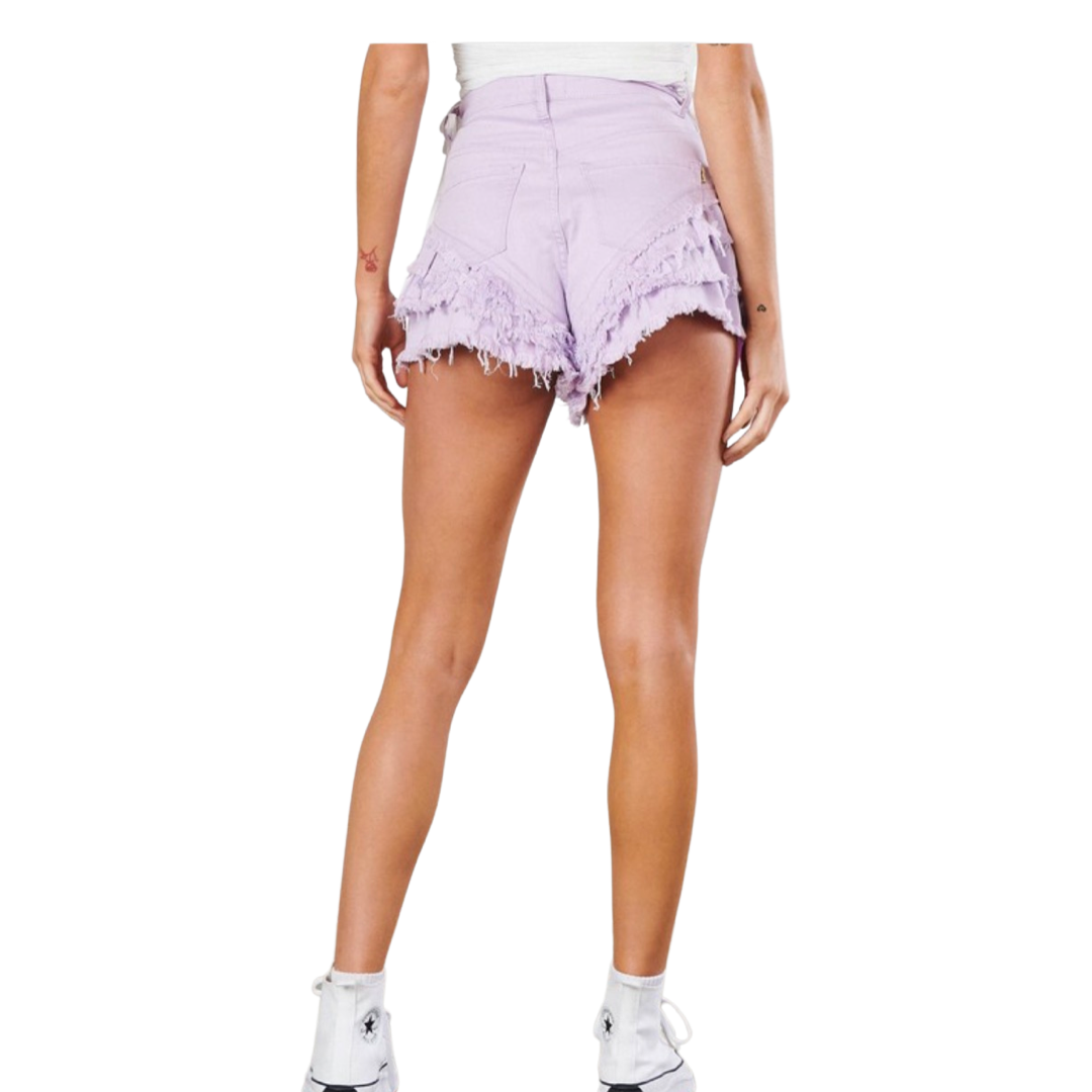 Apparel- Vibrant MIU Fringe Denim Shorts in Lavender