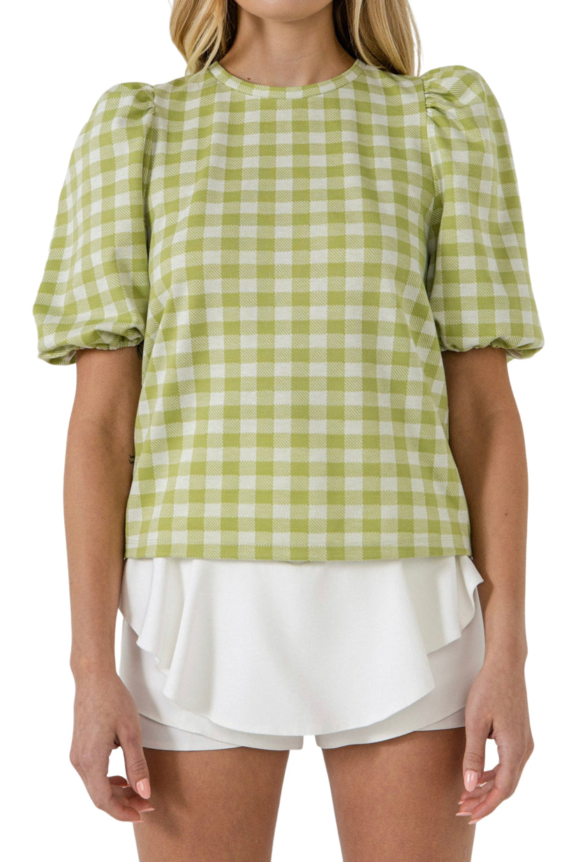 Apparel- English Factory Knit Check Open Back Scrunchie Top