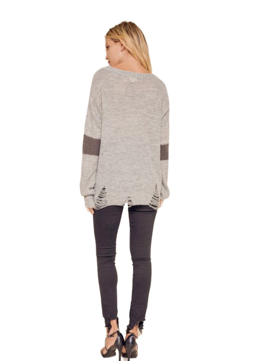 Apparel- Hem and Thread Distressed Frayed Color Block Sweater Gray