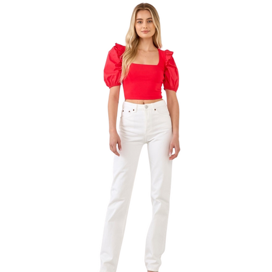 Apparel- English Factory Mixed Media Puff Sleeve Knit Top