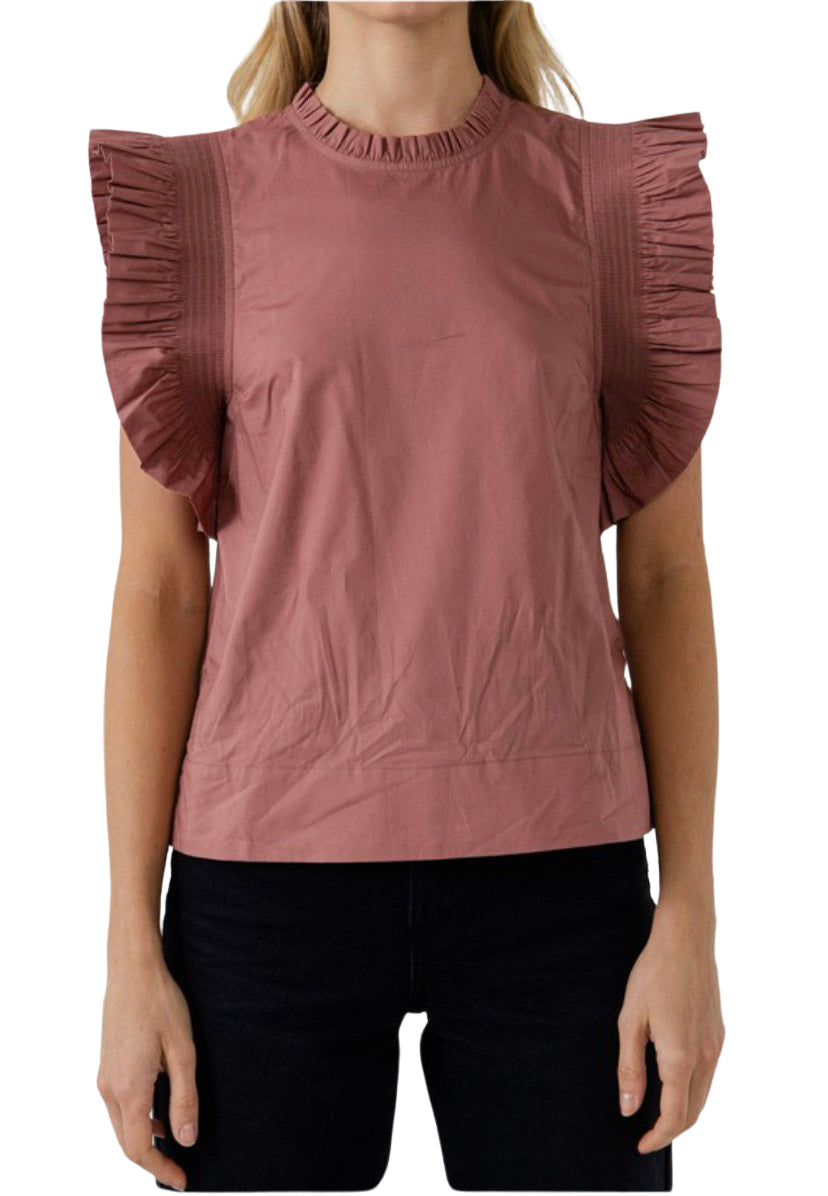 Apparel- English Factory Ruffle Sleeve Poplin Top Mauve