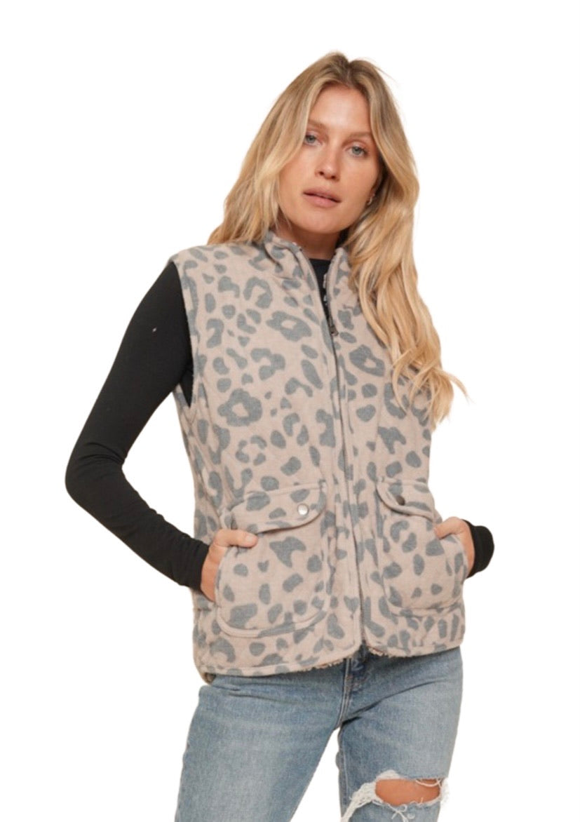 Apparel- Hem and Thread Leopard Print Sherpa Vest Taupe