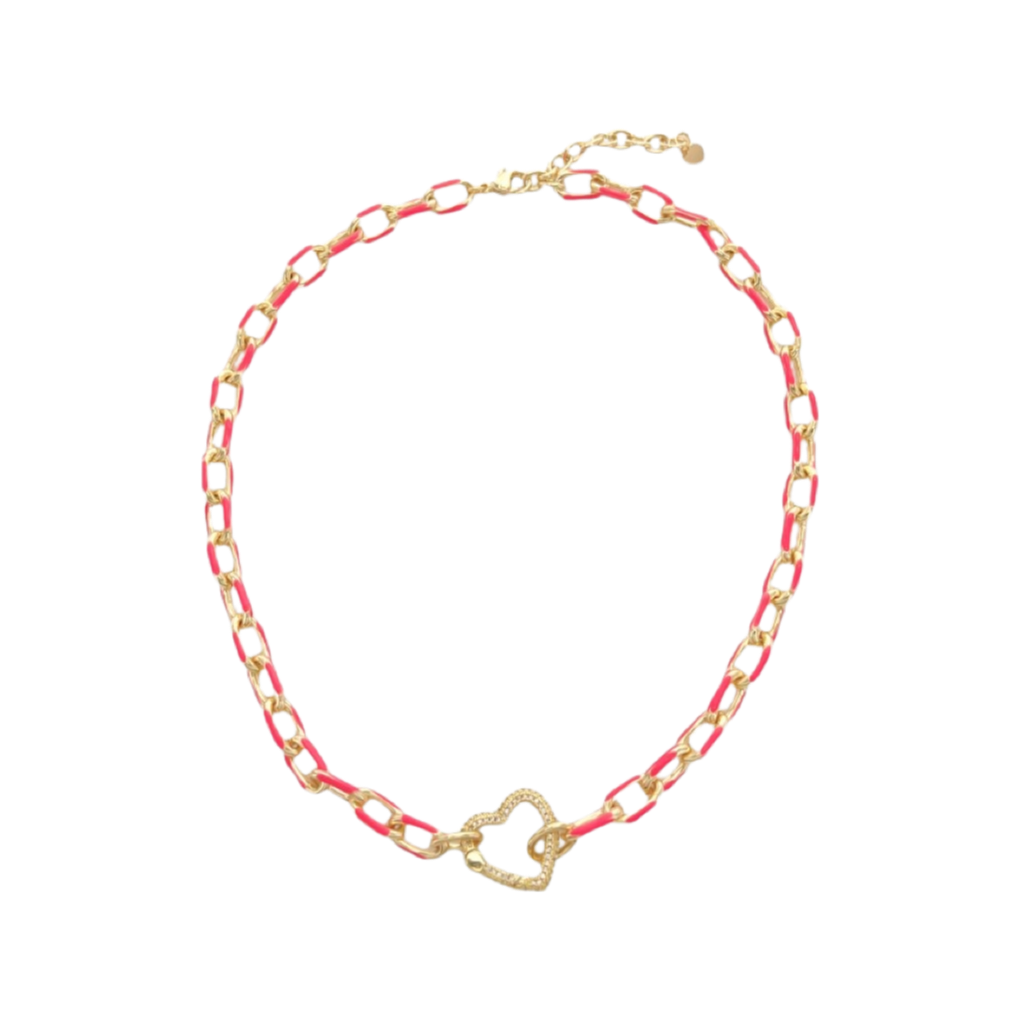 Necklace- M&E Bling Heart CZ Enamel Paperclip Chain