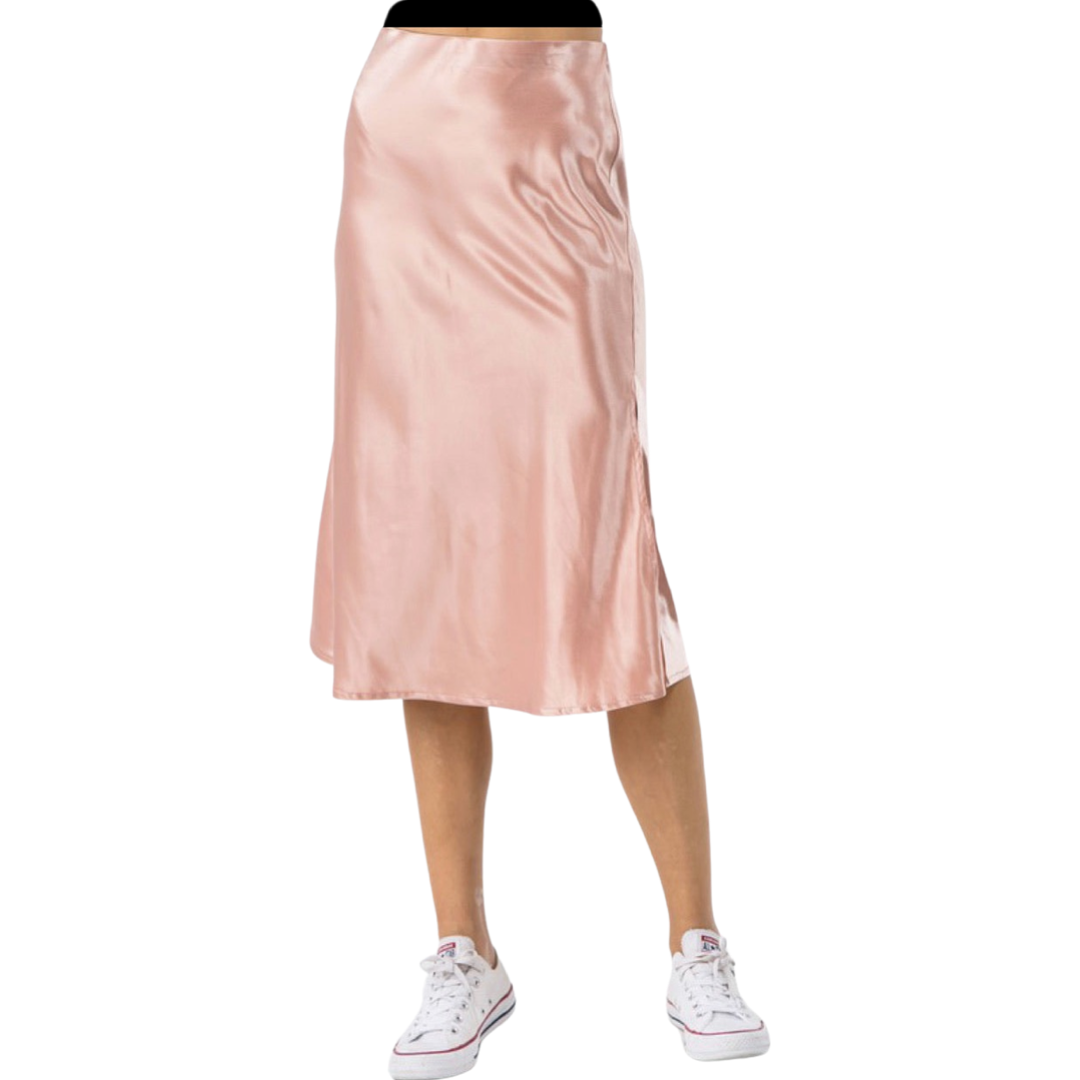 Apparel- Fanco Satin Side Slit Midi Skirt in Mellow Rose
