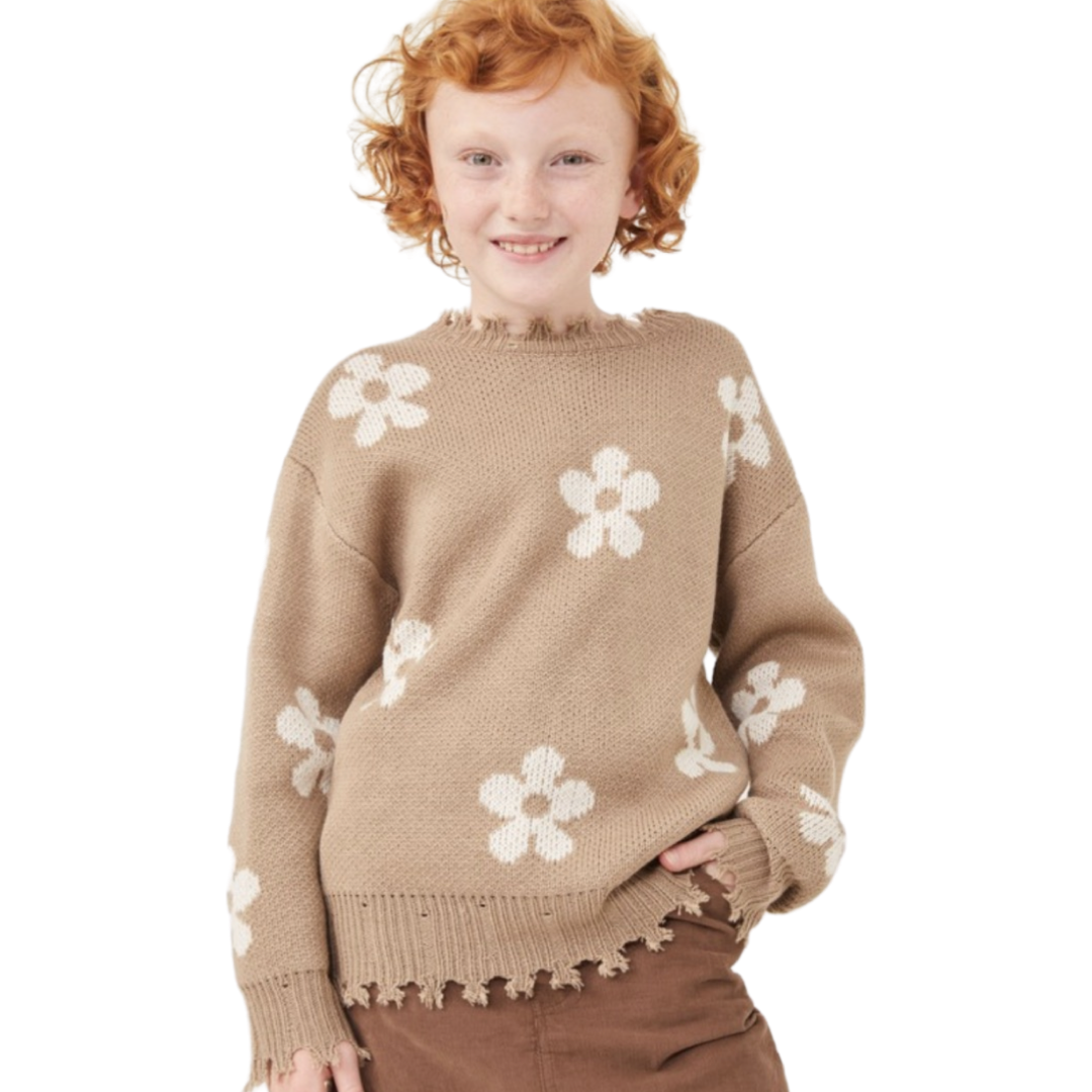 Girls- Hayden Girls Distressed Floral Pattern Pullover Sweater