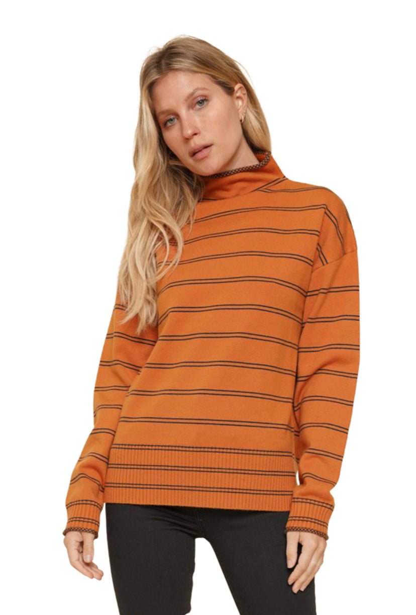 Apparel- Hem and Thread Burnt Orange Turtleneck Sweater with Blue Stripes