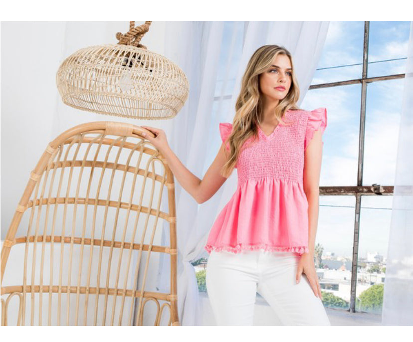 Apparel- THML Solid Smocked Top Pink
