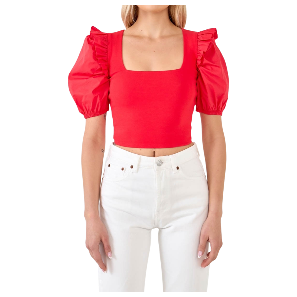 Apparel- English Factory Mixed Media Puff Sleeve Knit Top