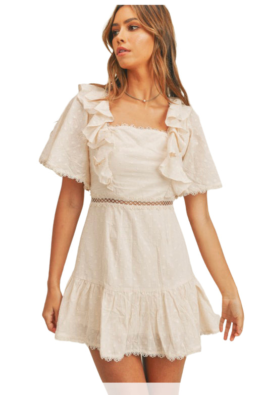 Apparel- Mabel Big Ruffle and Lace Detailed Mini Dress