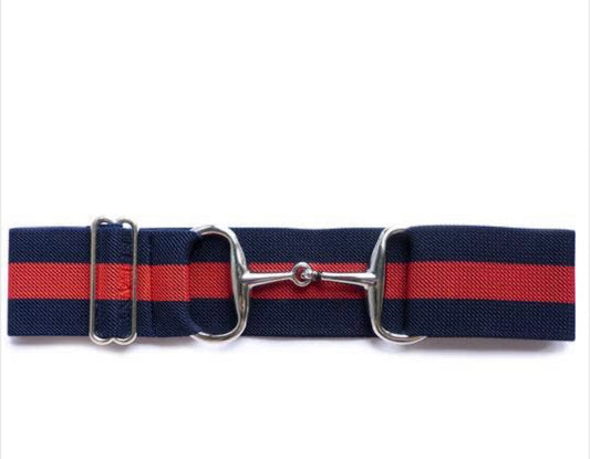 Belts-  2” Navy and Red Silver Snaffle Bit Elastic Belt