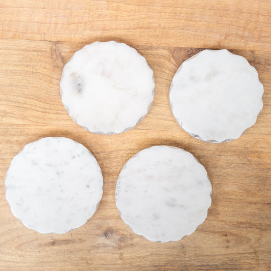 Marble Collection- Ferrara Round Marble Coasters- 4x4 White/Silver