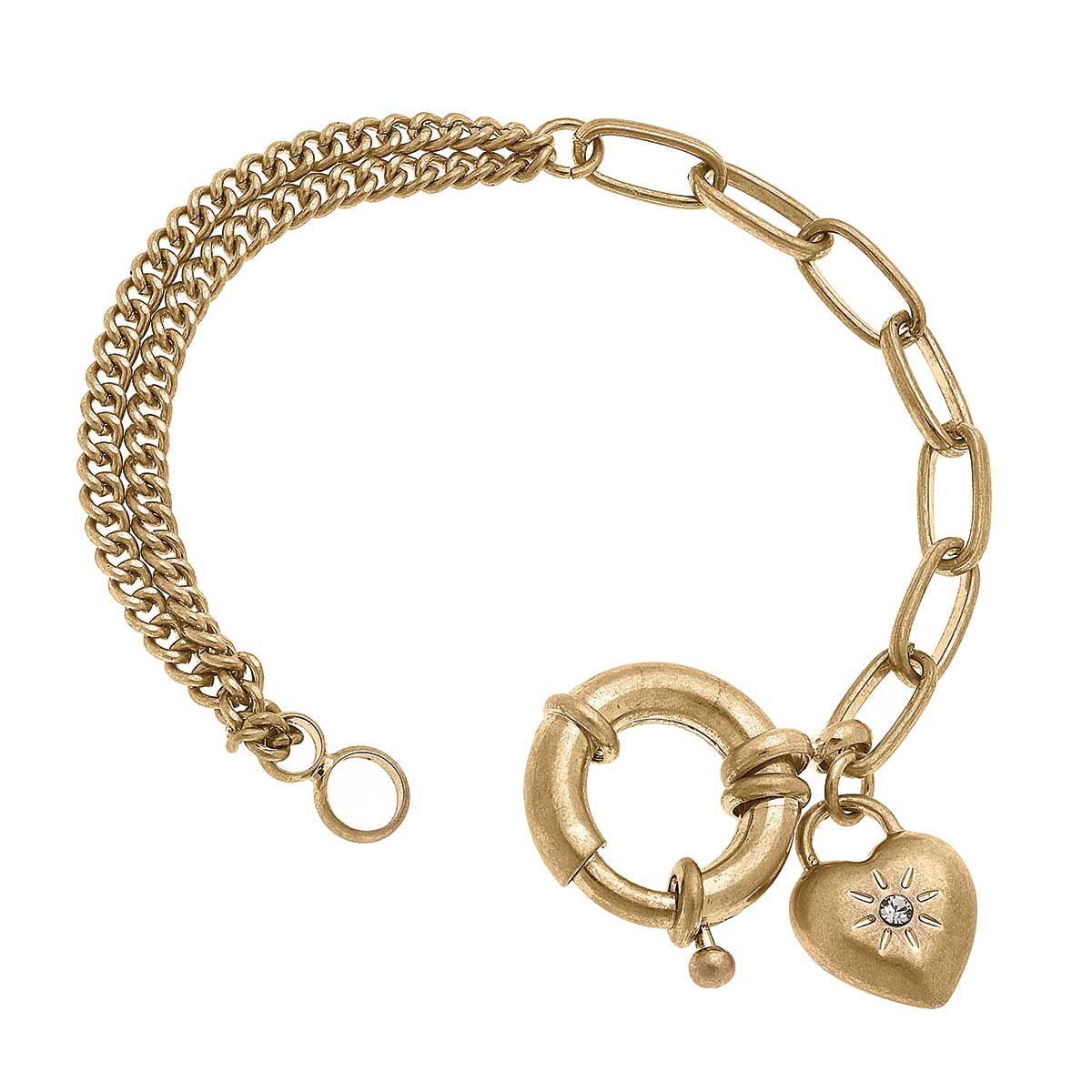 Bracelets- Canvas Kacie Puffed Heart Mixed Media Chain Bracelet in Worn Gold