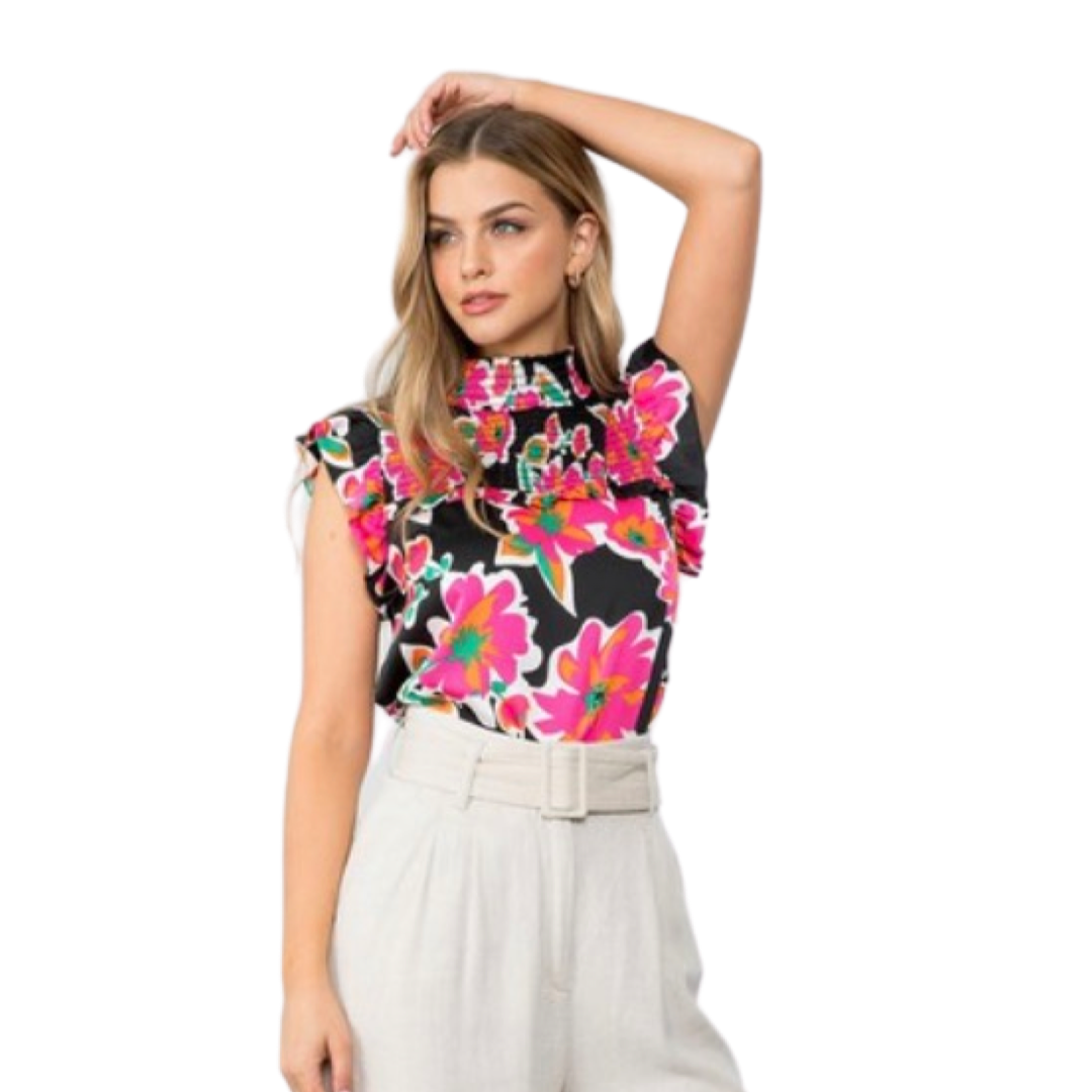 Apparel- THML Smocked Floral Detail Print Top