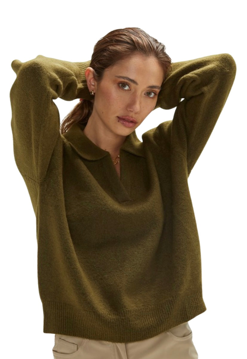 Apparel- Crescent V Neck Lapel Collar Sweater in Olive