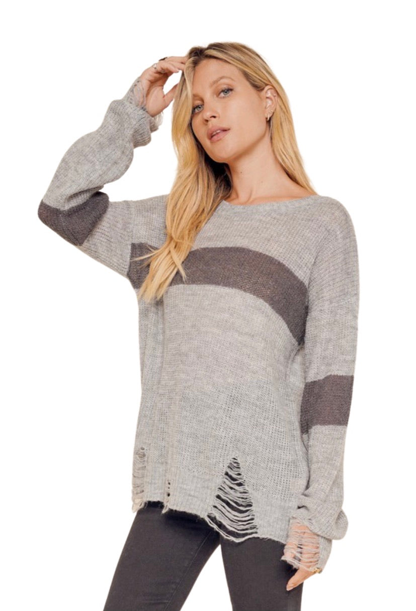 Apparel- Hem and Thread Distressed Frayed Color Block Sweater Gray
