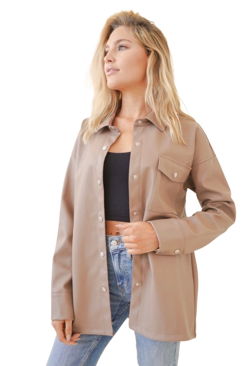 Apparel- Hem and Thread Leather Button Down Oversized Shirt Jacket- Taupe