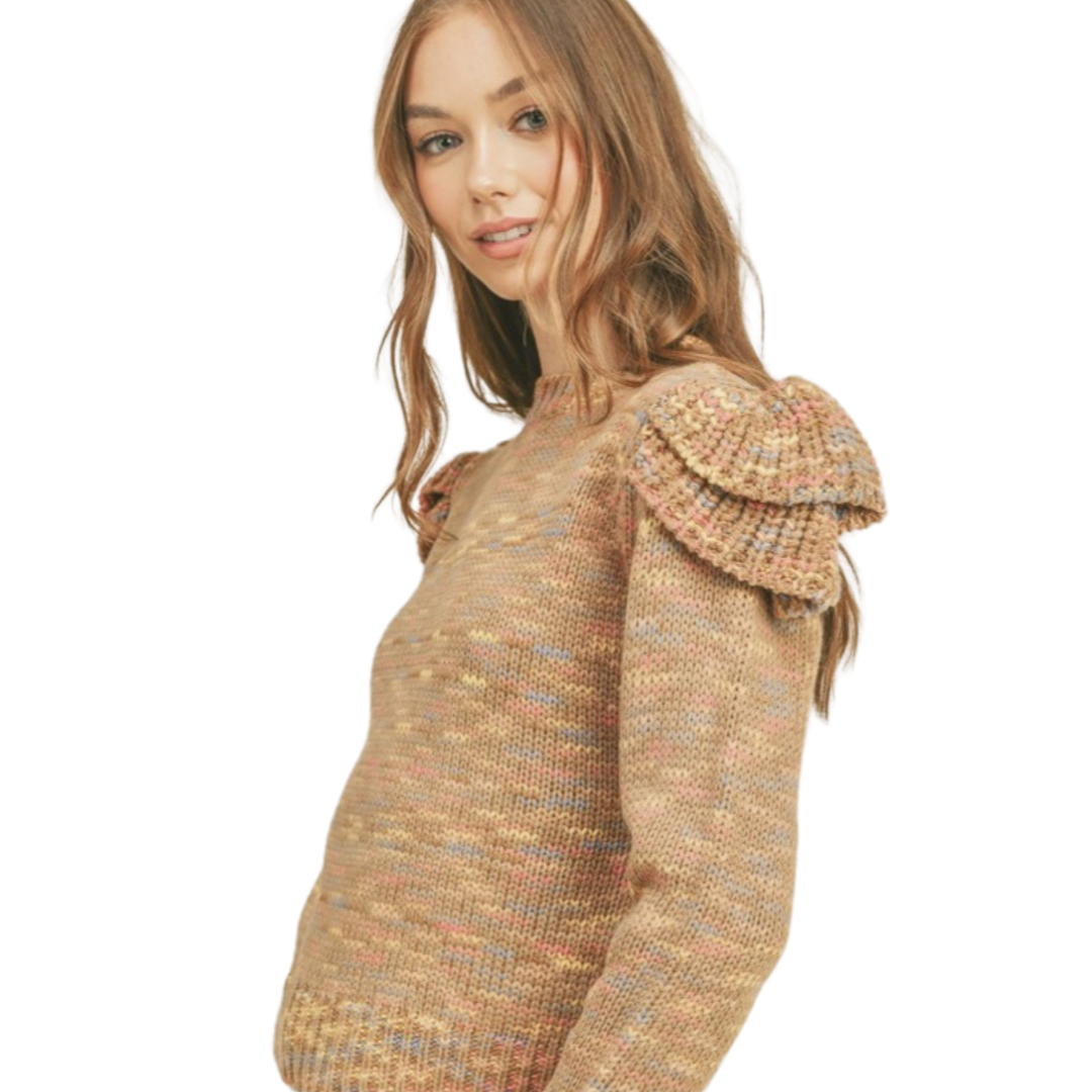 Apparel- En Merci Ruffled Shoulder Mix Knit Sweater