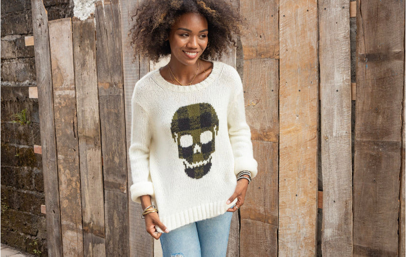 Apparel- Wooden Ships Plaid Skull Crew Neck Sweater