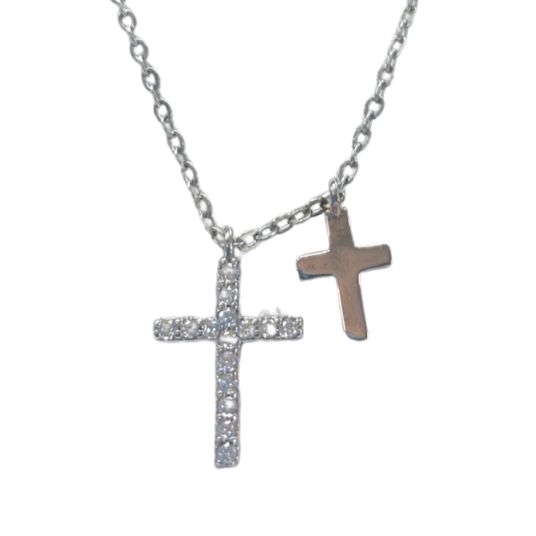 Necklaces- M&E Bling Double Cross  Necklace