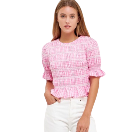 Apparel- English Factory Gingham Smocked Puffed Sleeve Top