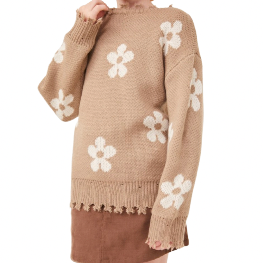 Girls- Hayden Girls Distressed Floral Pattern Pullover Sweater