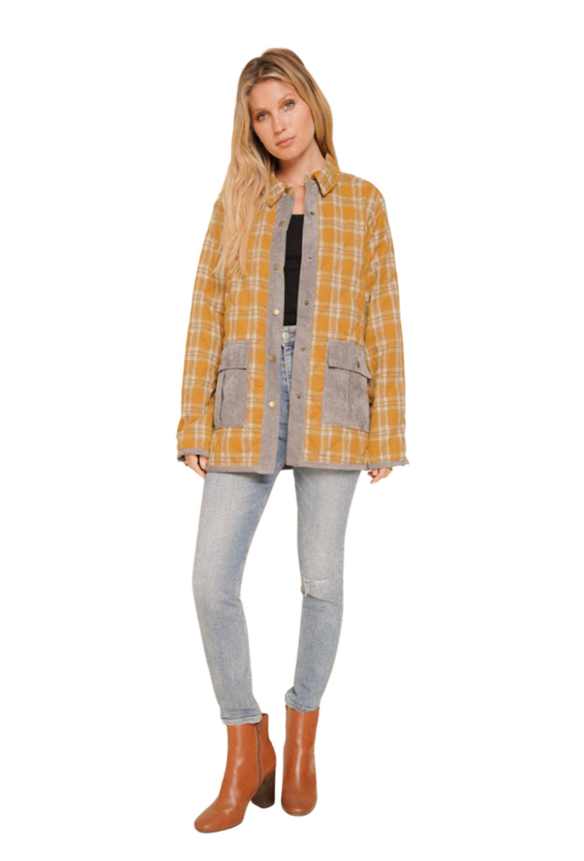 Apparel- Hem and Thread Quilted Plaid Jacket Mustard/ Gray