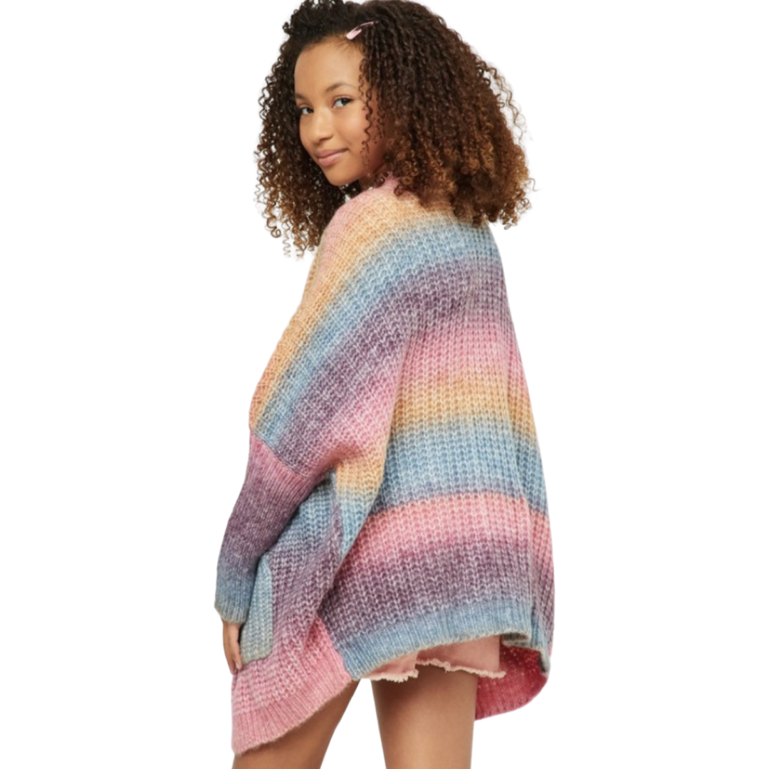 Girls- Hayden Girls Ombre Striped Chunky Knit Sweater Cardigan