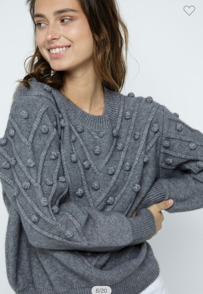 Apparel- En Merci Pom Pom V Style Sweater - Charcoal