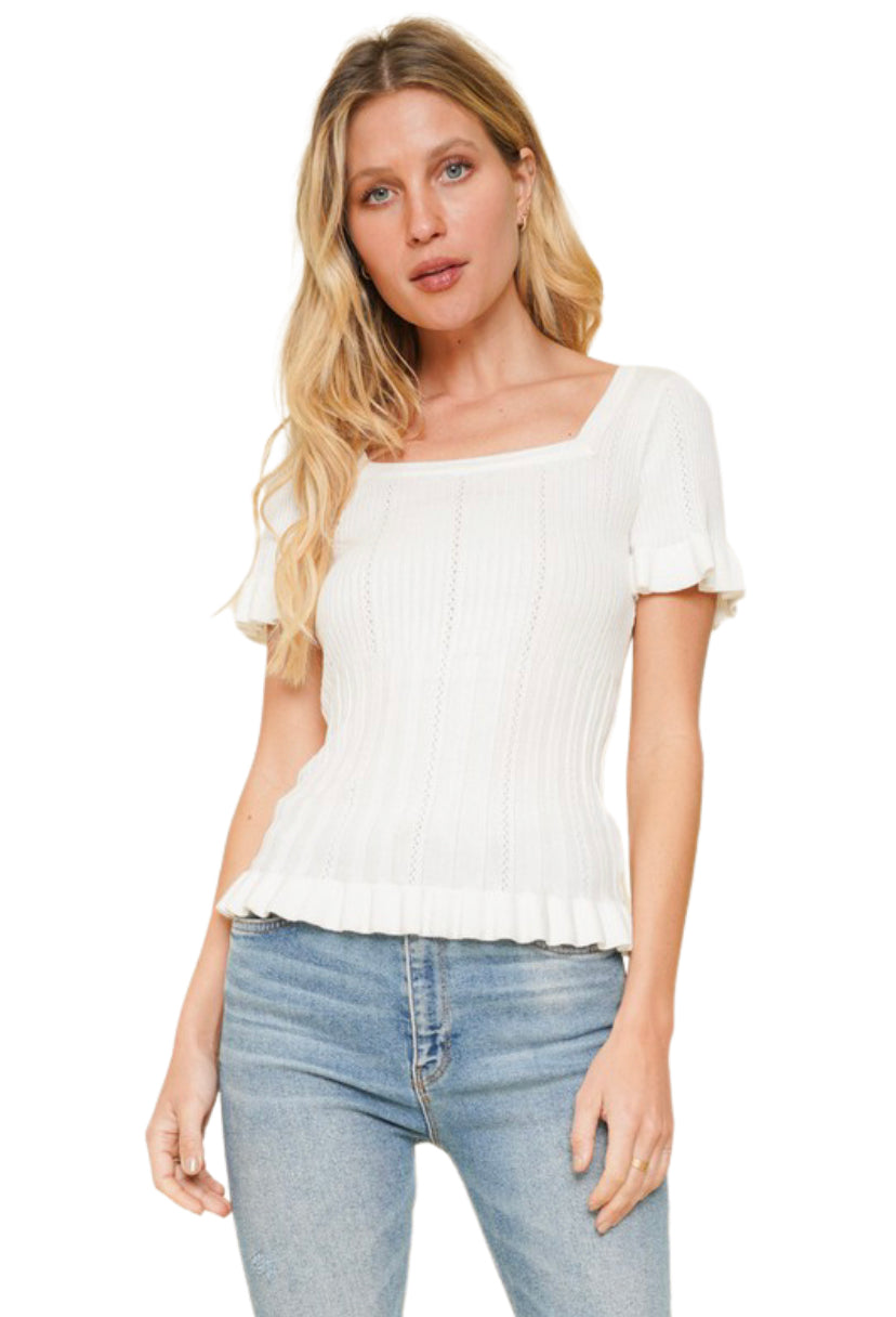 Apparel- Hem and Thread Square Neck Pointelle Sleeve Sweater White