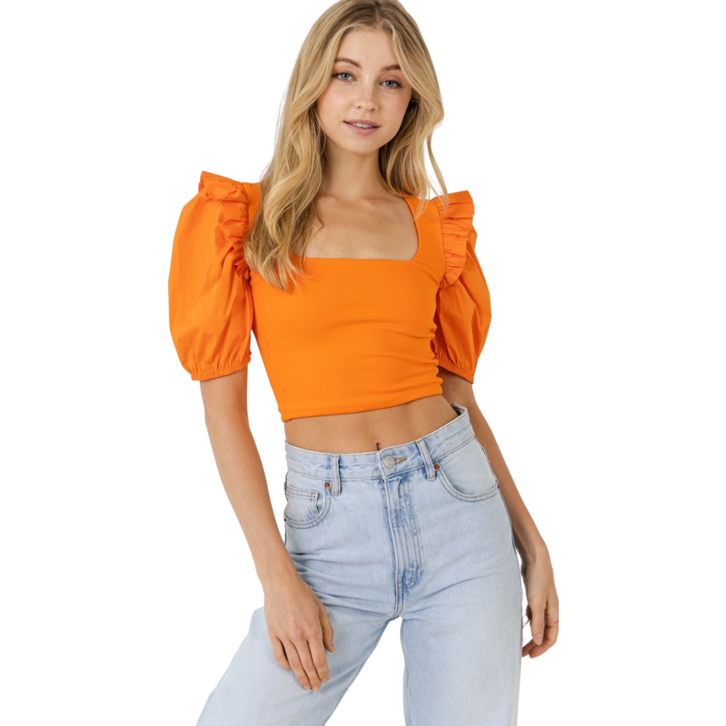 Apparel- English Factory Mixed Media Puff Sleeve Knit Top