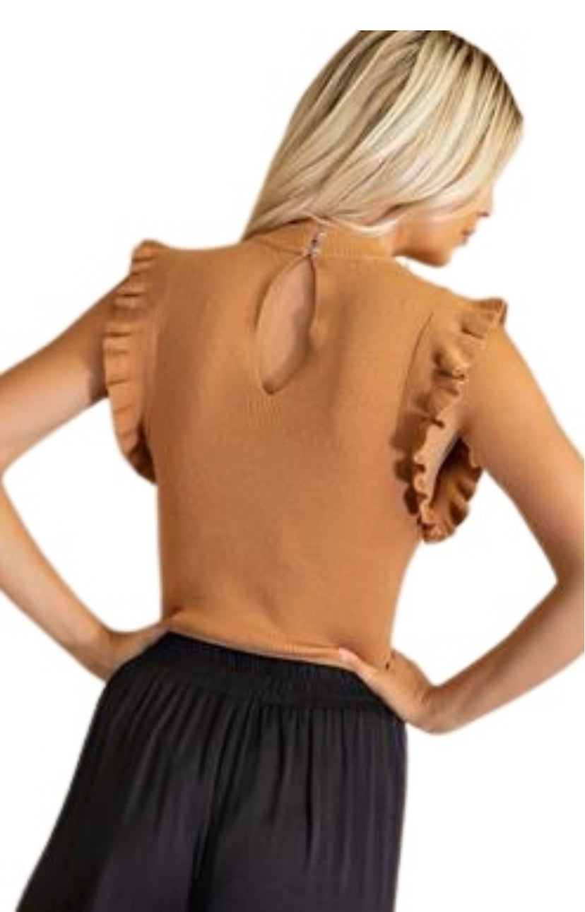 Apparel- Glam Bodysuit with Wide Ruffled Sleeve Camel