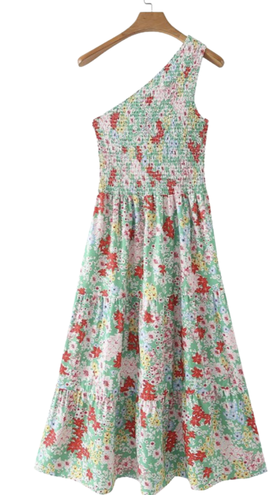 Apparel- M&E Floral Print Smocked One Shoulder Dress