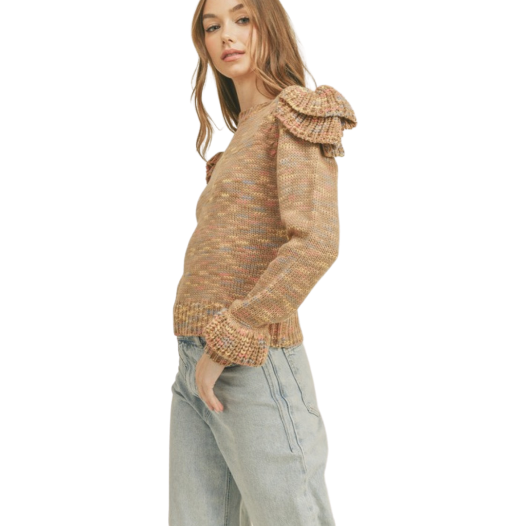 Apparel- En Merci Ruffled Shoulder Mix Knit Sweater