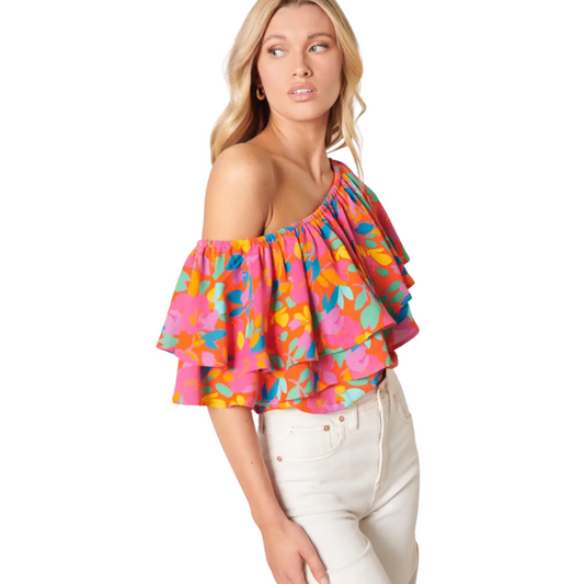 Apparel- Sugarlips Sweet Soul Fruity Floral One Shoulder Ruffle Top