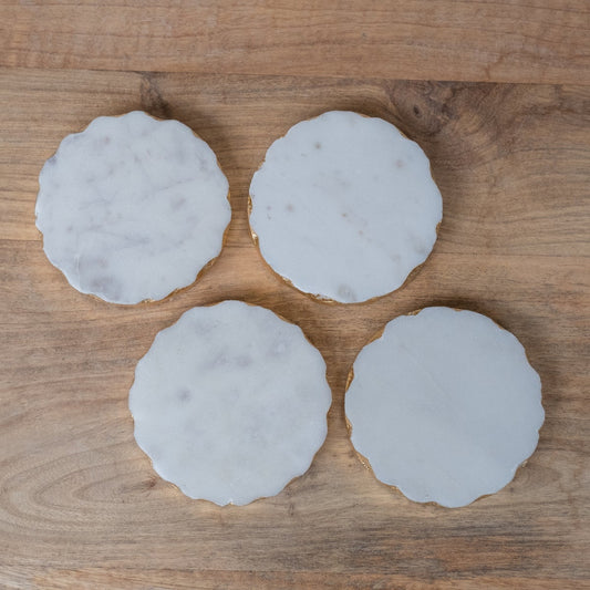 Marble Collection- Ferrara Round Marble Coasters- 4x4 White/Gold