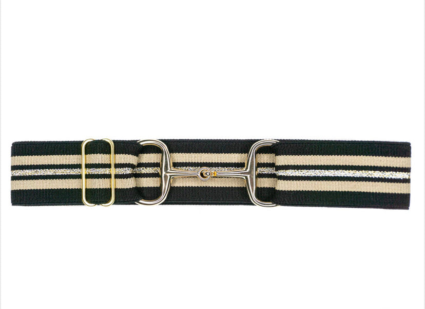 Belts-  1 1/2” Black and Gold Stripes Gold Snaffle Bit Elastic Belt