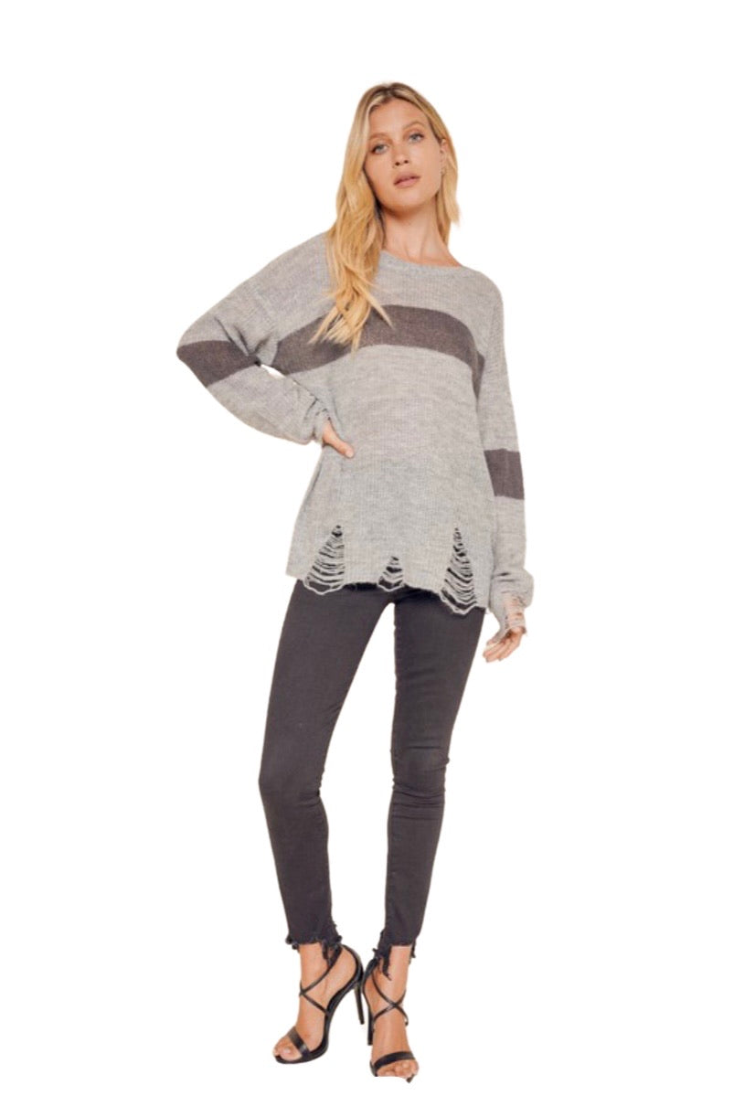 Apparel- Hem and Thread Distressed Frayed Color Block Sweater Gray