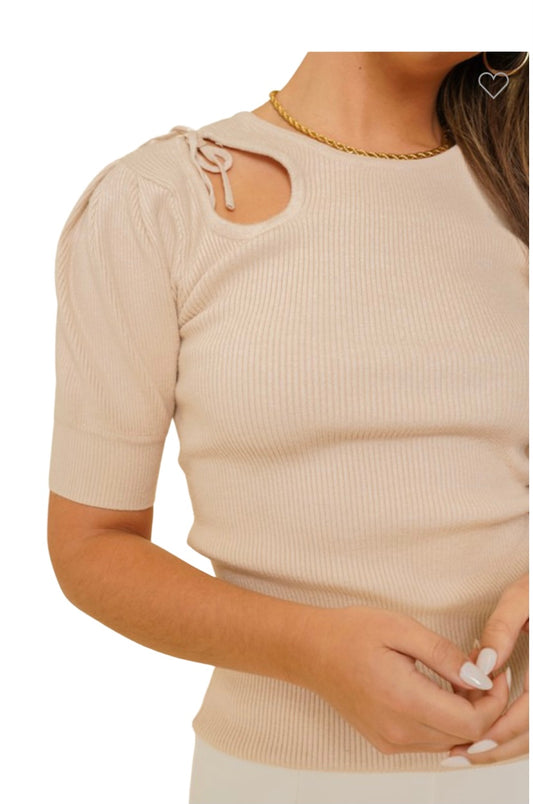 Apparel- Hem and Thread Cutout Detail Sweater Top Nude